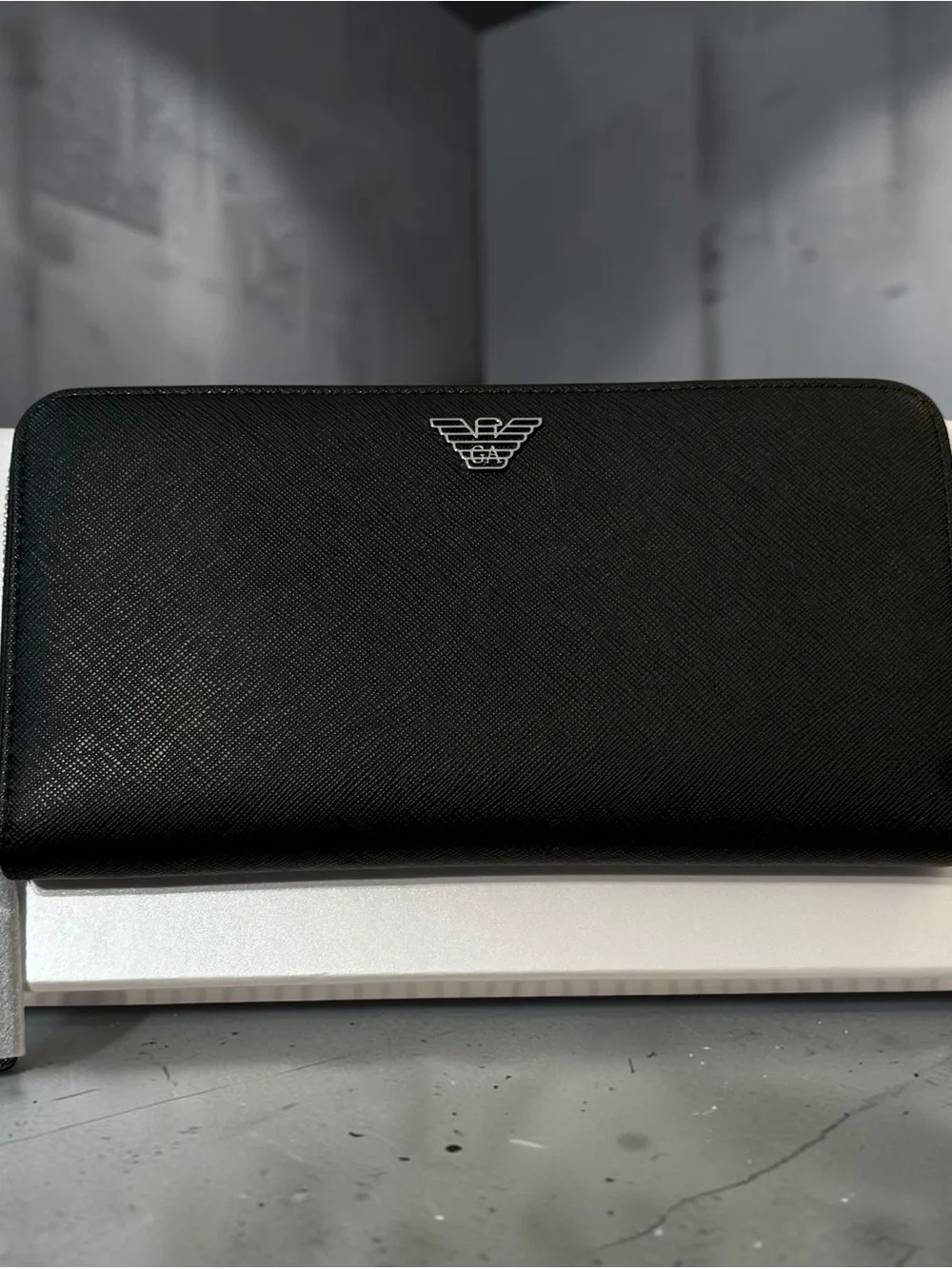 Emporio Armani Black Saffiano Zip Wallet with Silver Eagle Emblem
